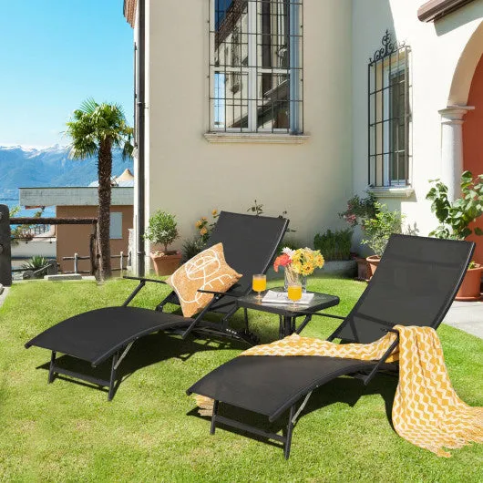 2 Pieces Patio Folding Stackable Lounge Chair Chaise with Armrest-Black