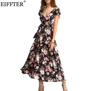 2017 New Arrival Summer Women Fashion Short Sleeve V-Neck Floral Print Maxi Dresses Sexy Beach Long Bind Backless Dress ZL0022