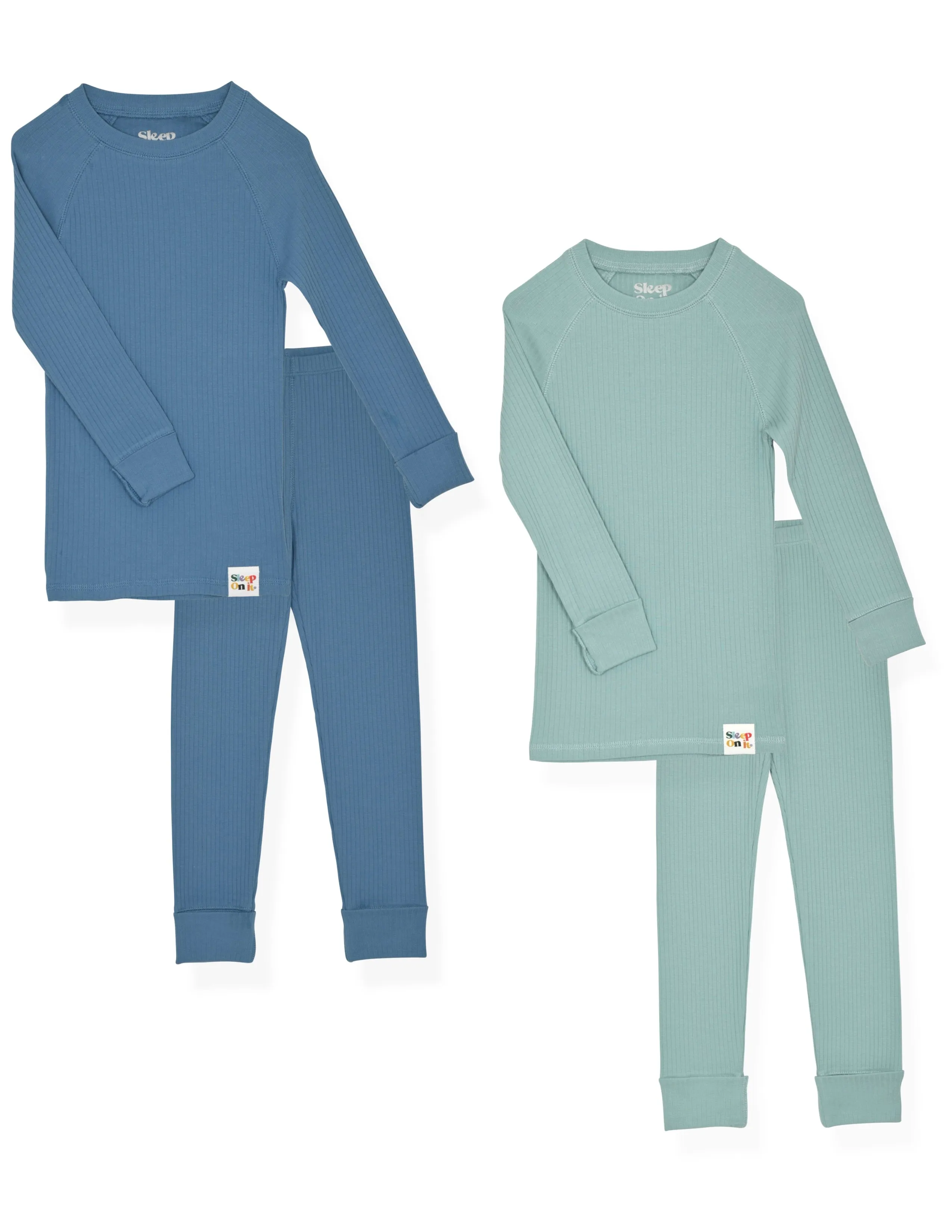 4-Piece 100% Organic Cotton Rib Knit Pajama Sets for Boys & Girls, Blue & Green