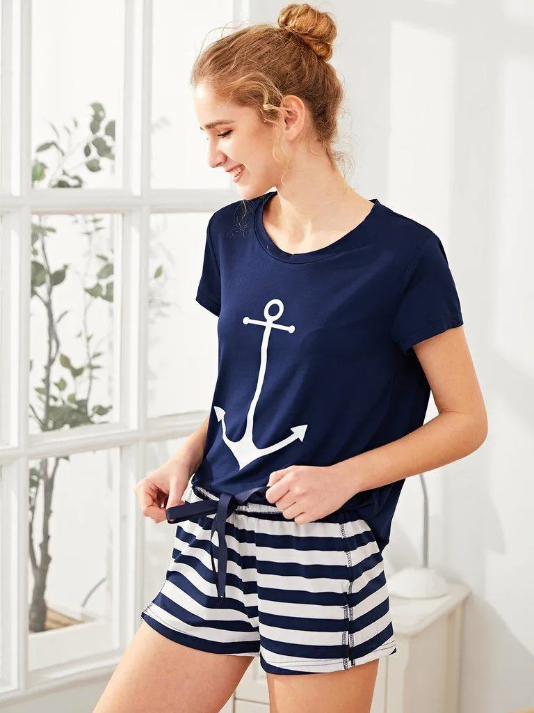 Anchor Print Tee And Striped Shorts Pajama Set