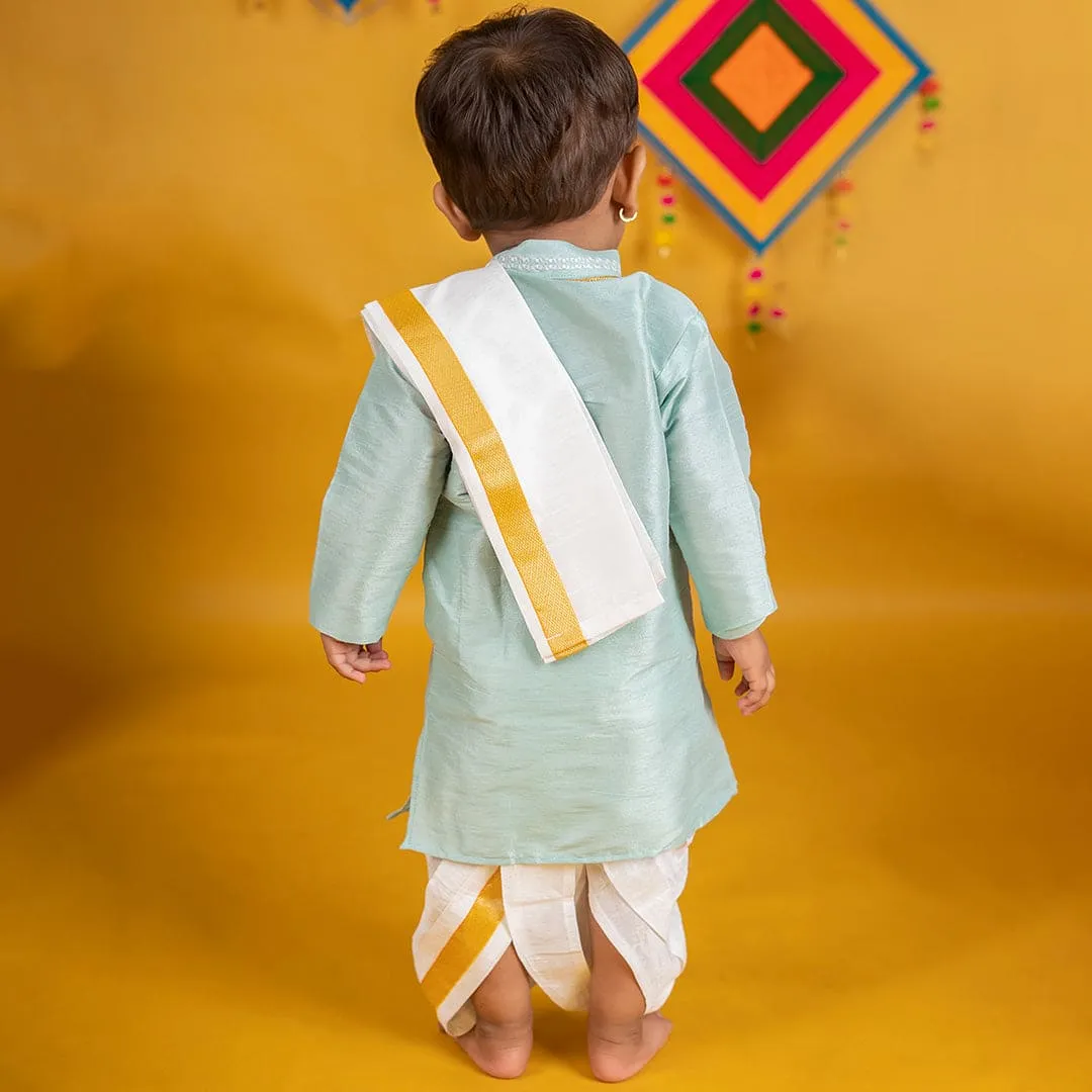 Baby Moo x Kurta Co. Traditional Dhoti Khandwa Kurta Set | Soft Banaras Silk With Gold Border | Premium Plastic Gift Box 6pcs - Mint Green