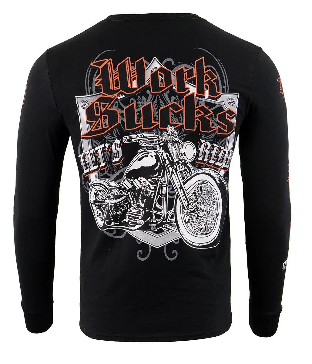 Biker Clothing Co. BCC117004 Men's Black 'Work Sucks, Let's Ride ' Long Sleeve T-Shirt