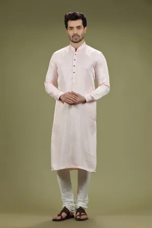 Bright Pink Solid Linen Kurta Set Designed by Kora (Nilesh Mitesh)