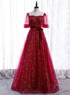 Burgundy Tulle Sequins Square Short Sleeve Prom Dresses