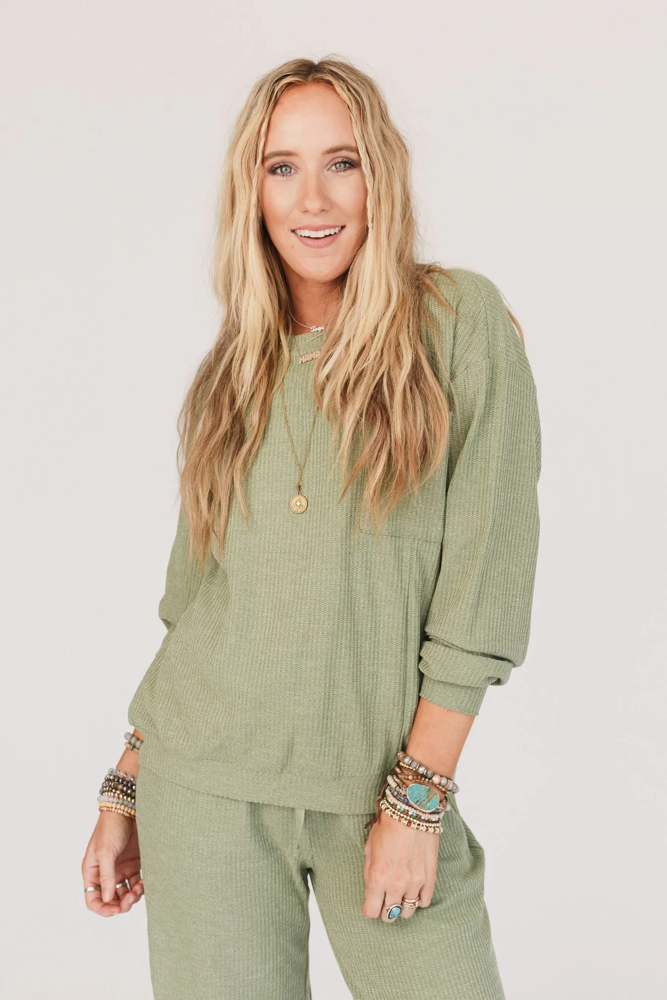 Calling The Shots Waffle Knit Set - Olive