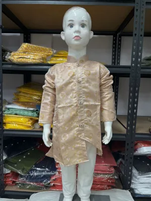 Charming Peach Colored Jacquard Kurta With Heavy Cotton Pajama Sets For Boys