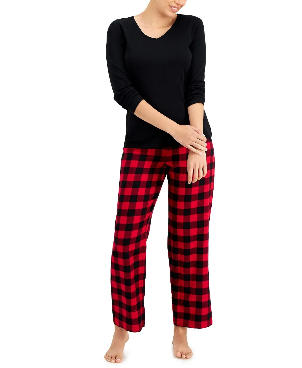 Charter Club V-Neck T-Shirt & Flannel Pants Pajama Set (as1, alpha, s, regular, regular, Buffalo Check)