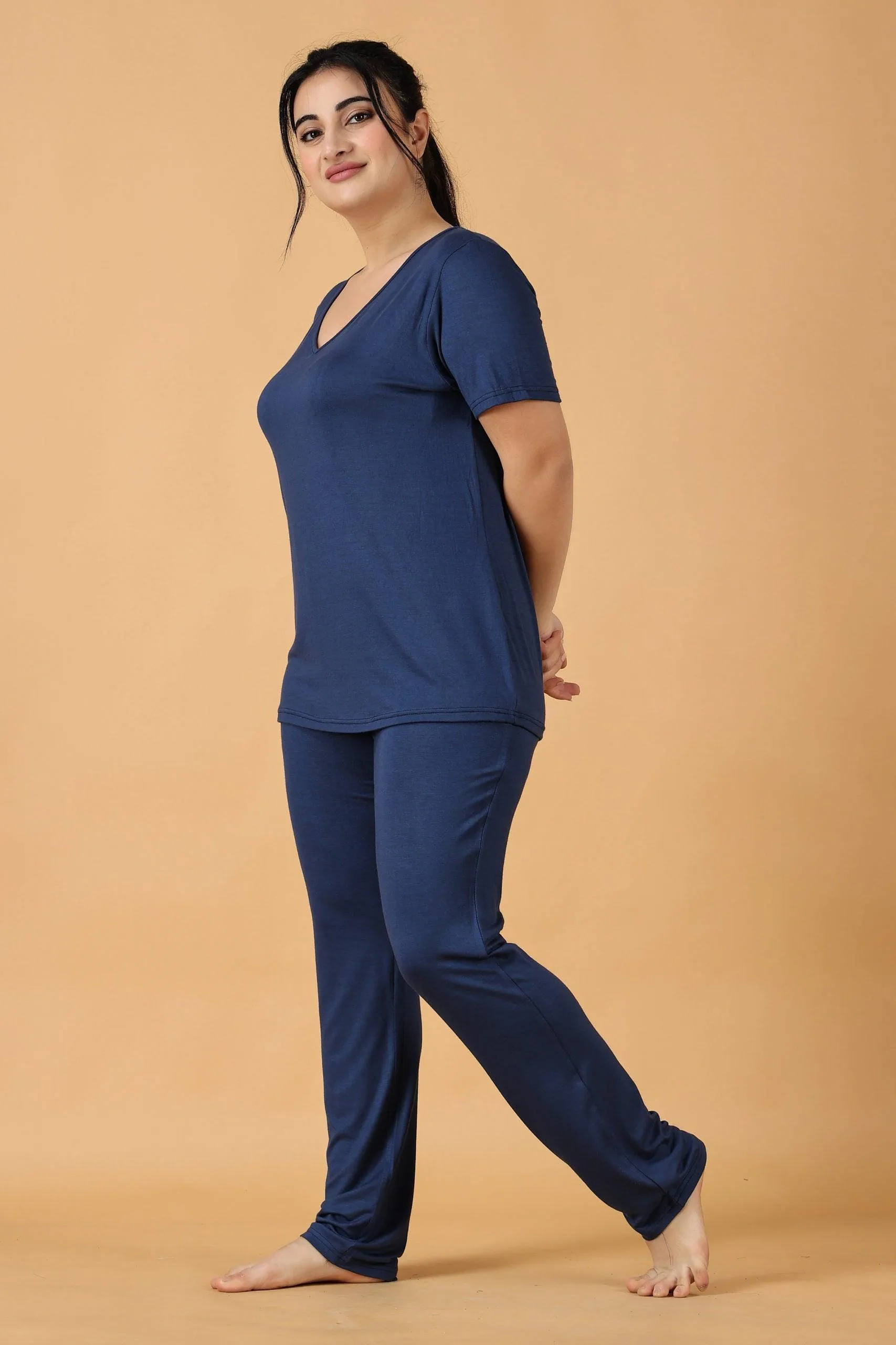 Cotton Solid Pyjama Night Suit Set -Navy Blue