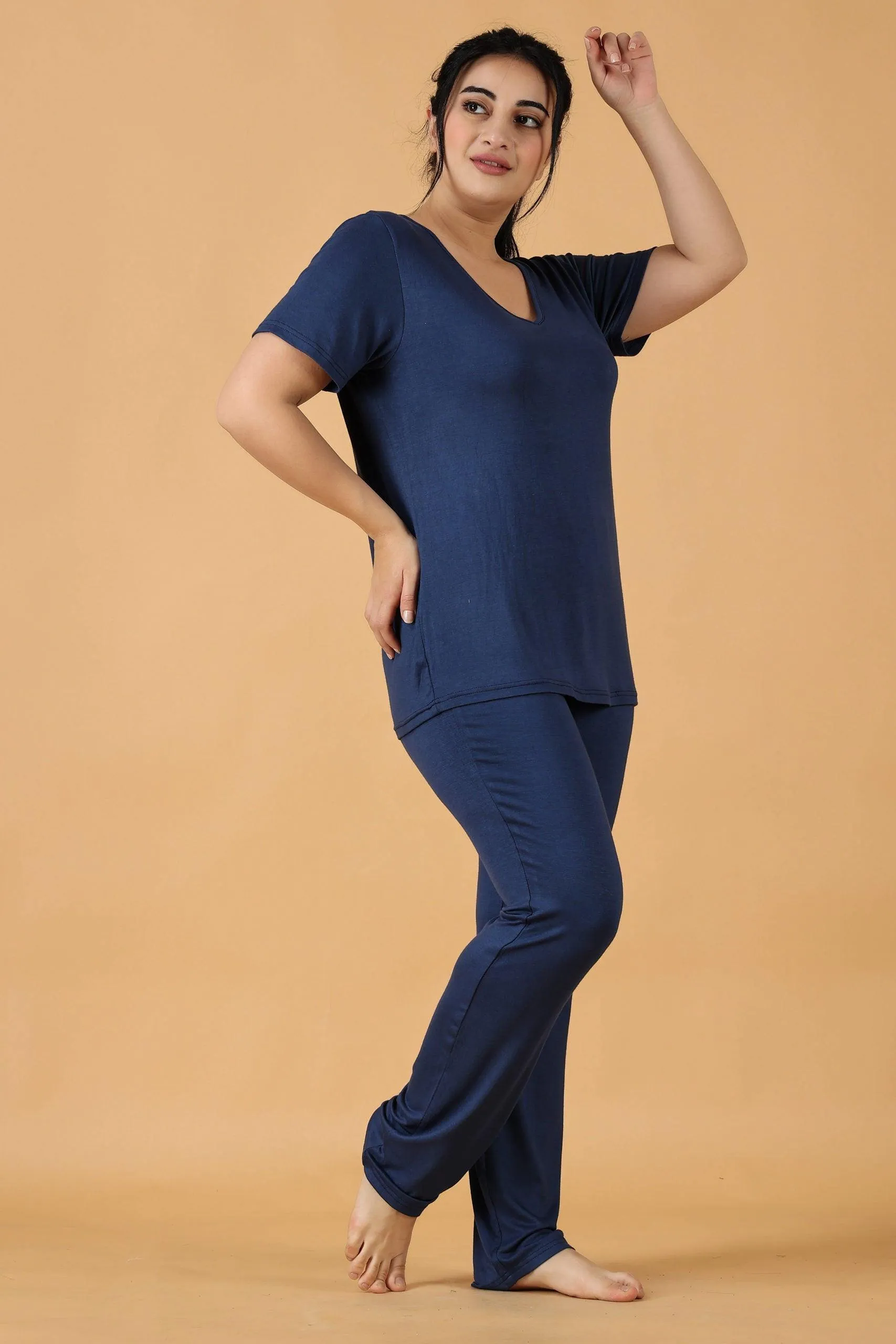 Cotton Solid Pyjama Night Suit Set -Navy Blue