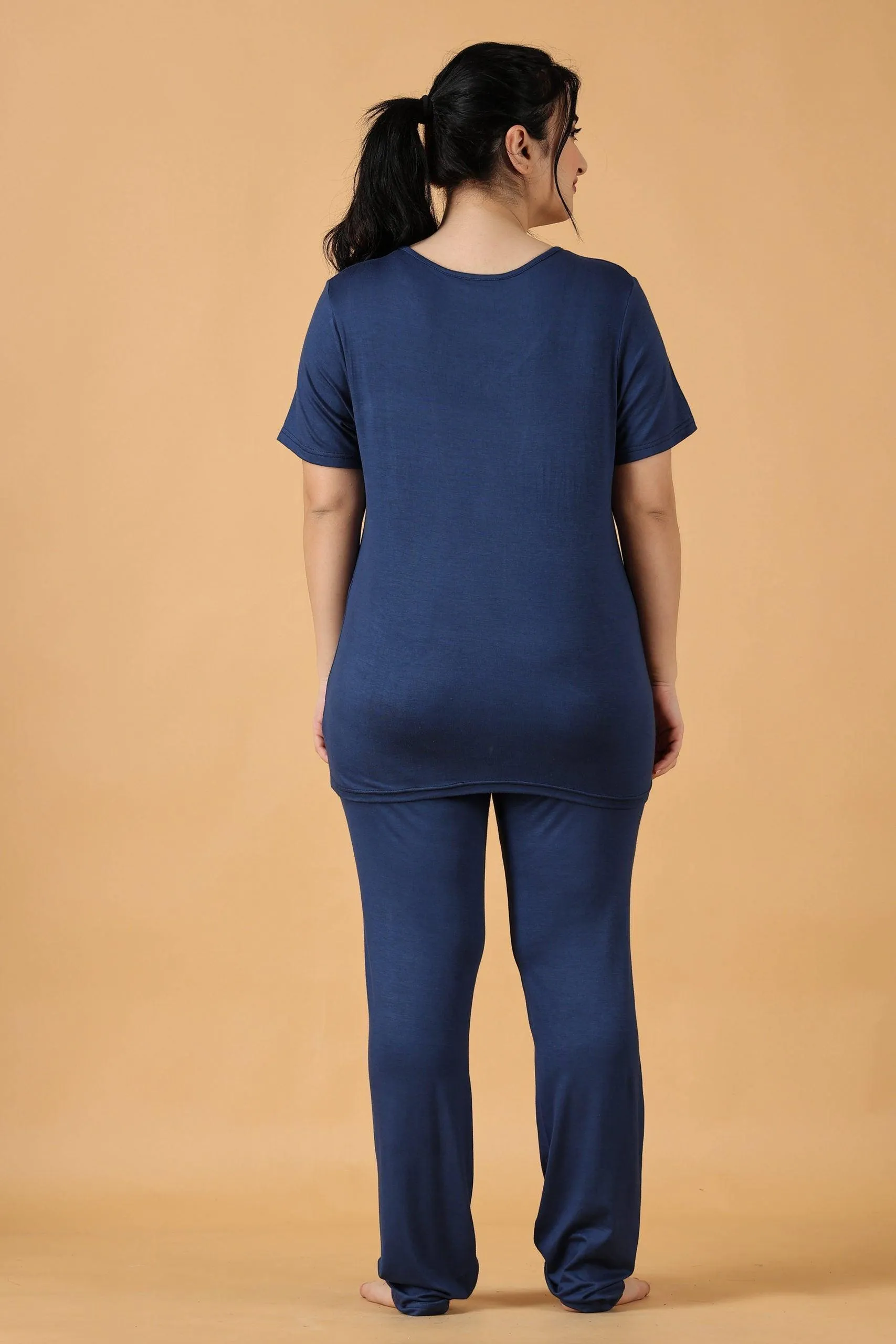 Cotton Solid Pyjama Night Suit Set -Navy Blue