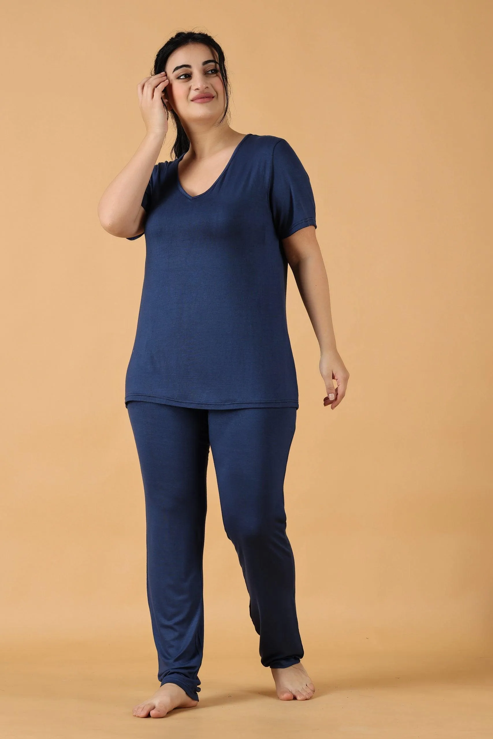 Cotton Solid Pyjama Night Suit Set -Navy Blue