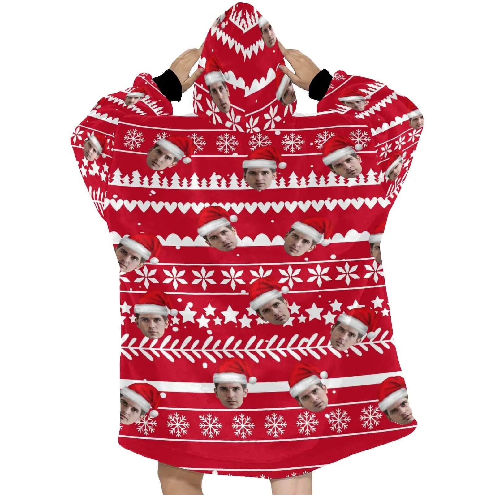 Custom Face Christmas Hat Hooded Pajama Fleece Loungewear