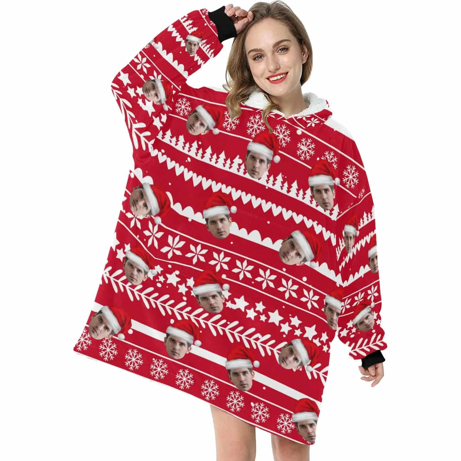 Custom Face Christmas Hat Hooded Pajama Fleece Loungewear