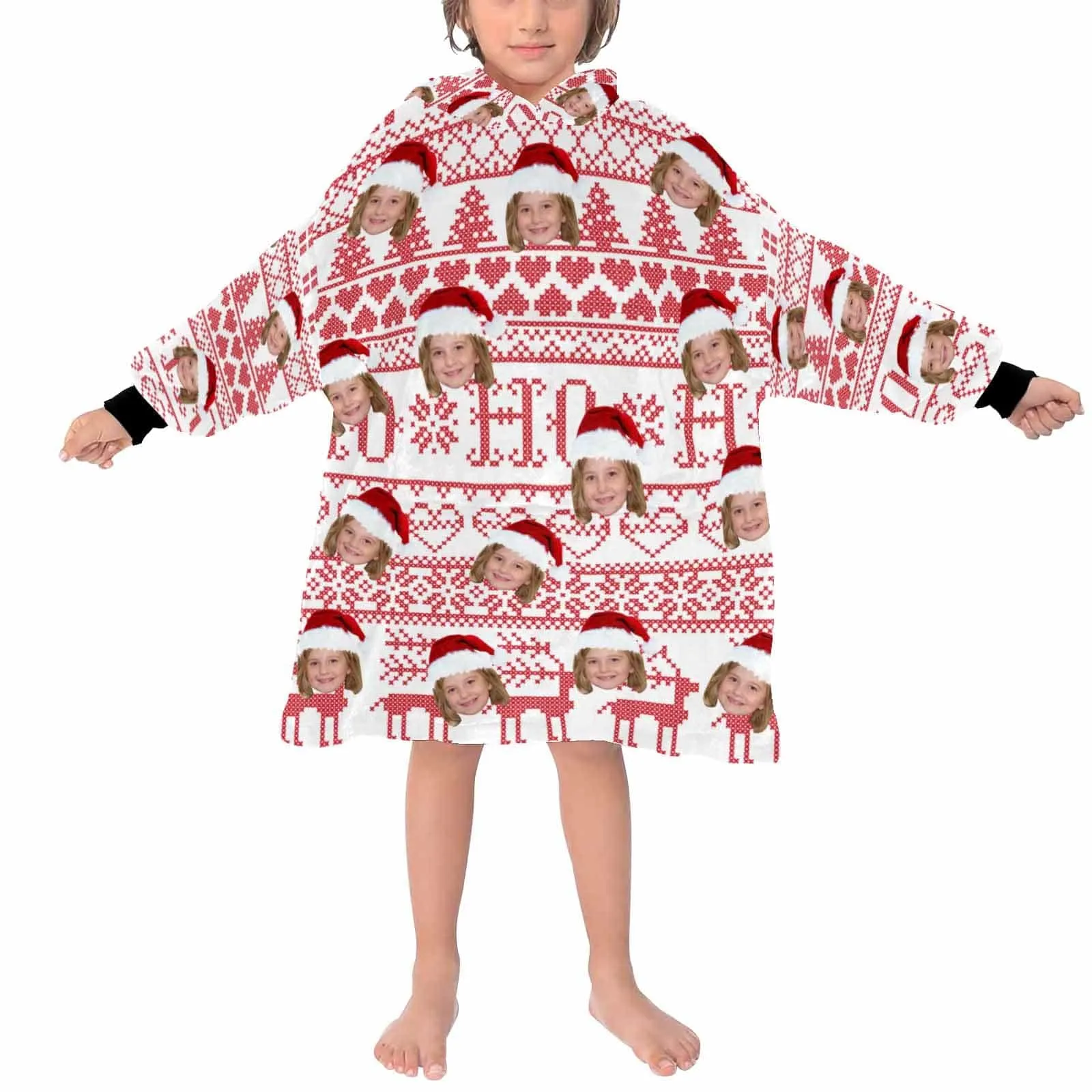 Custom Face Christmas Hat Hooded Pajama Fleece Loungewear