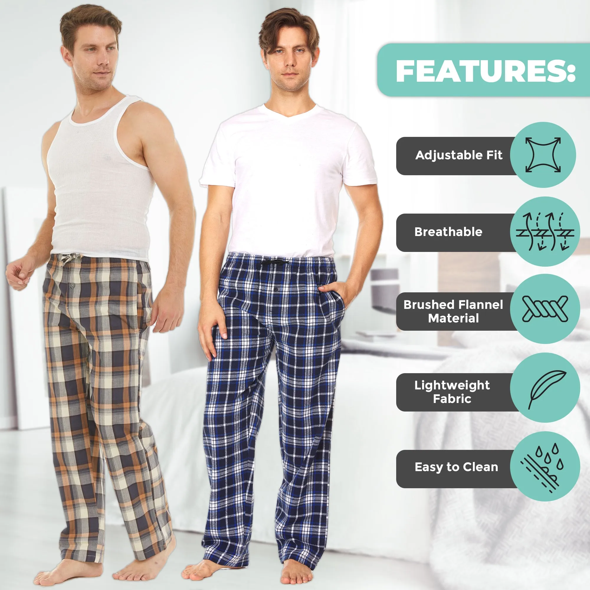 DARESAY Flannel Pajama Pants for Men - Soft Cotton Plaid Pajama Pants, Stretchable Men's Pajama Bottoms with Pockets, 3 Pack.