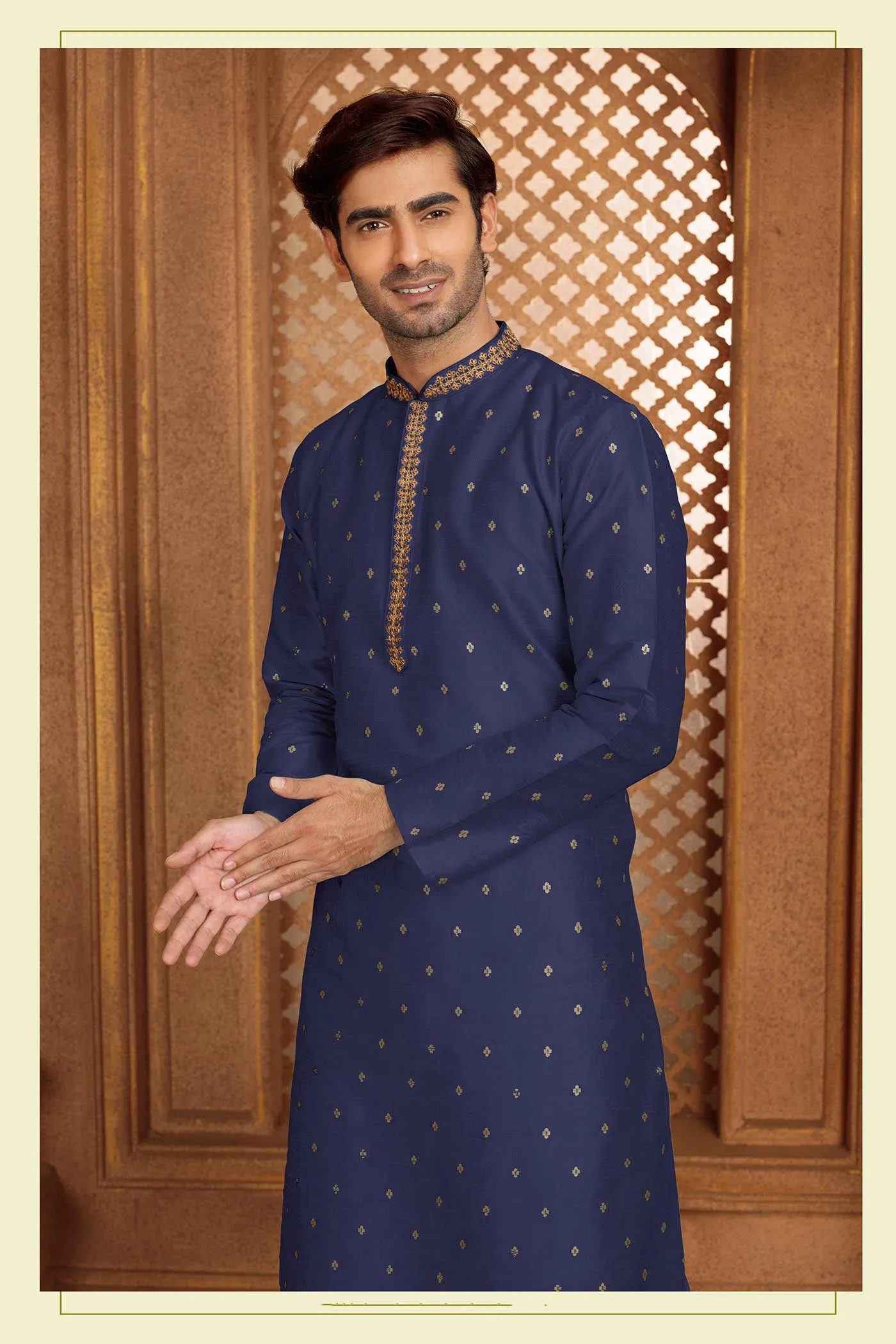 Elegant Blue Colored Poly Cotton Silk Men's Kurta Pajama Sets