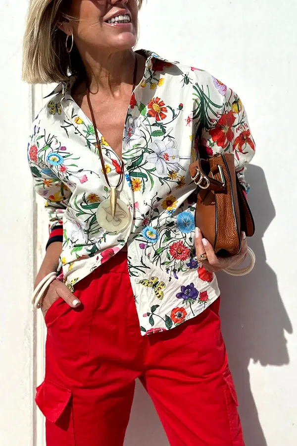 Fabulous Fiesta Satin Floral Unique Print Button Down Oversized Blouse