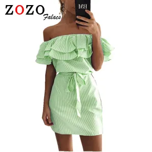 Falacs Zozo Summer Women Casual Sexy Fashion Dresses Straight Striped Ruffles Mini Butterfly Sleeve Slash Neck Dress Vestidos