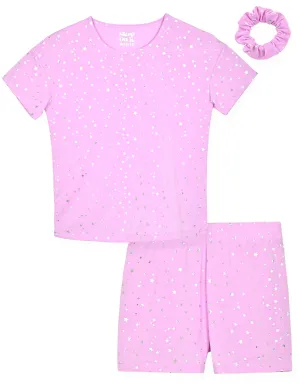 Girls 2-Piece Short-Sleeve Jersey Pajama Shorts Set with Matching Hair Scrunchie- Stars.