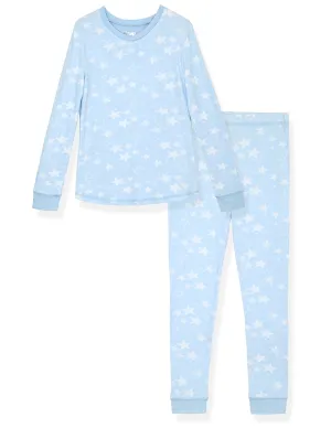 Girls 2-Piece Super Soft Jersey Snug-Fit Pajama Set- Stars, Light Blue Pajama Set for Toddlers and Girls