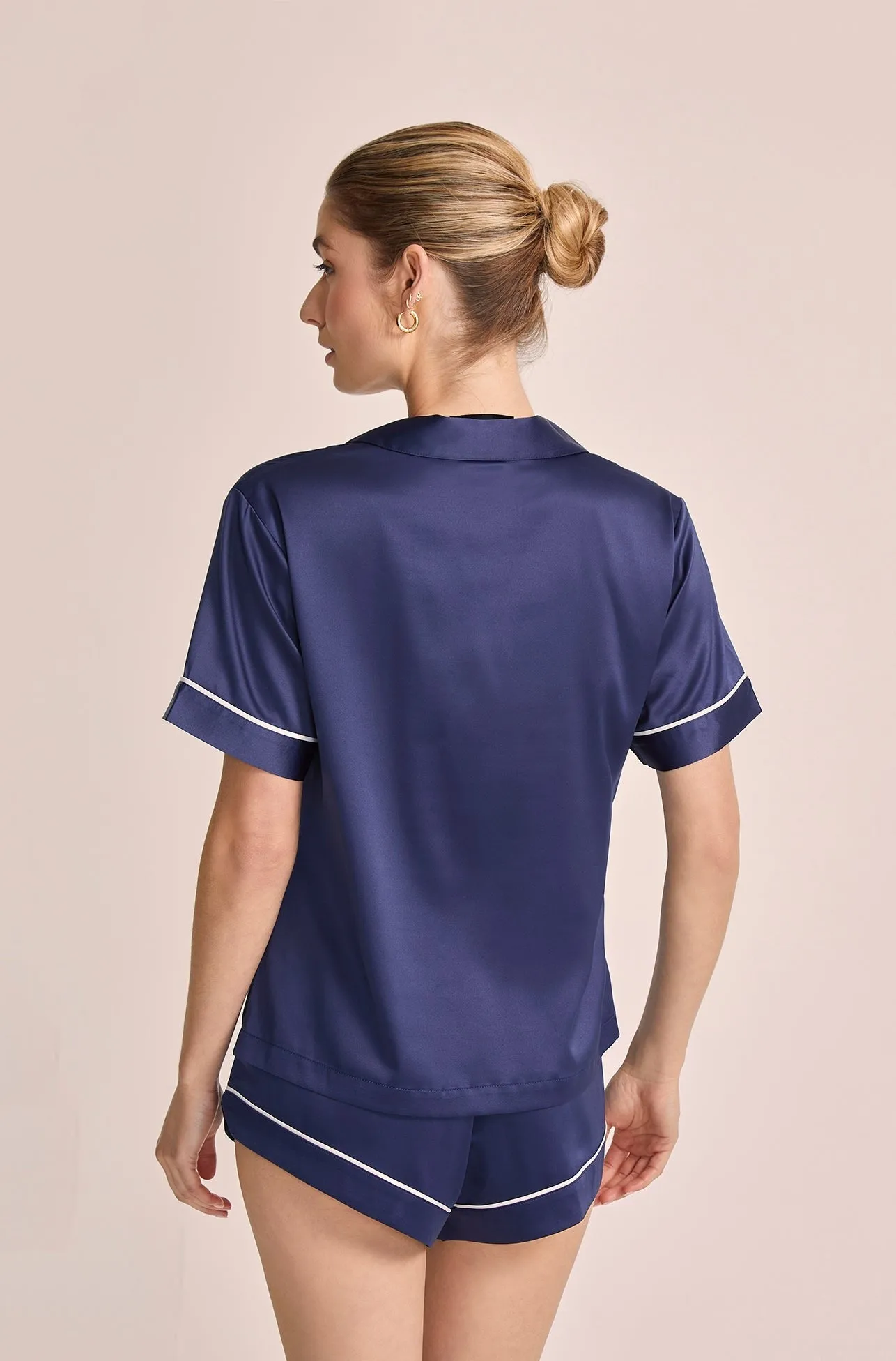 Grace Short Pyjama Set - Navy with White Piping