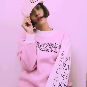 Harajuku Style Women Sweatshirts 2017 New Streetwear Japanese Worlds Printed Long Sleeved Hoodies Casual Pink Black O-neck Tops