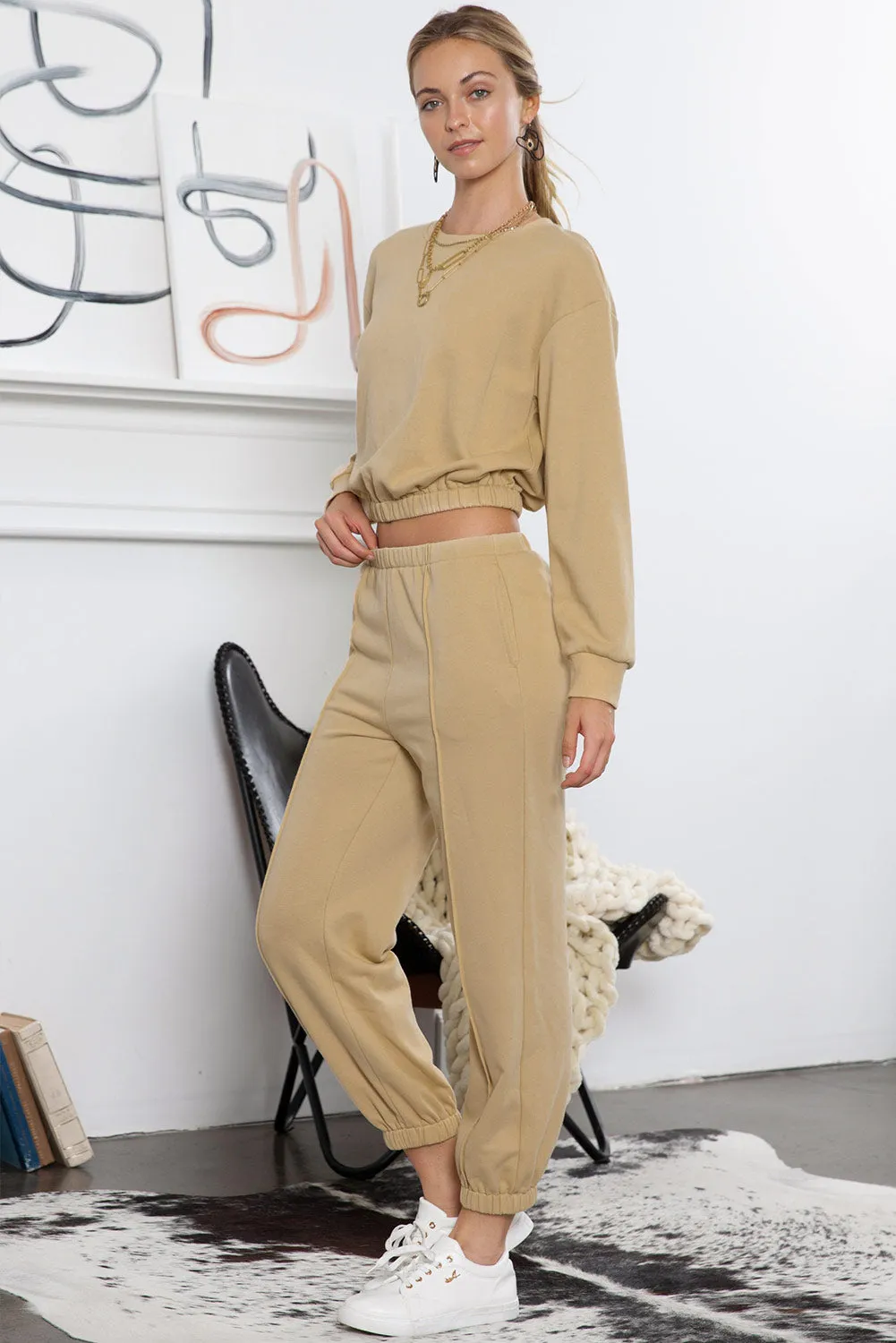 Khaki Solid Color Basic High Waisted Two Piece Jogger Set