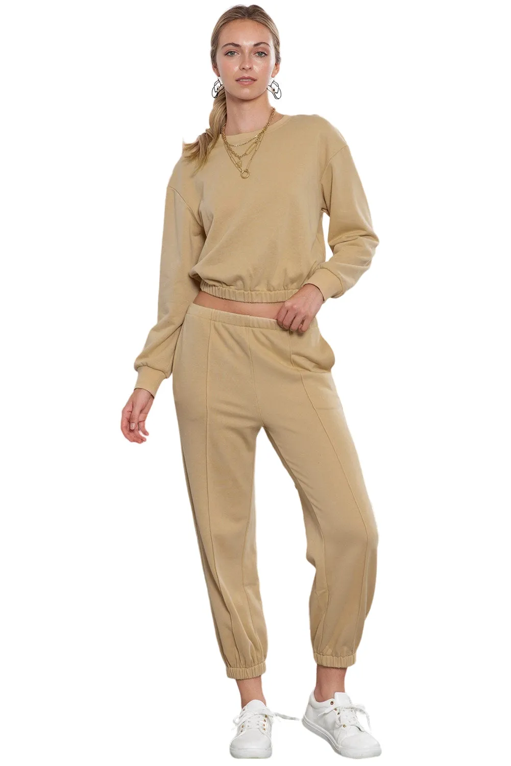 Khaki Solid Color Basic High Waisted Two Piece Jogger Set