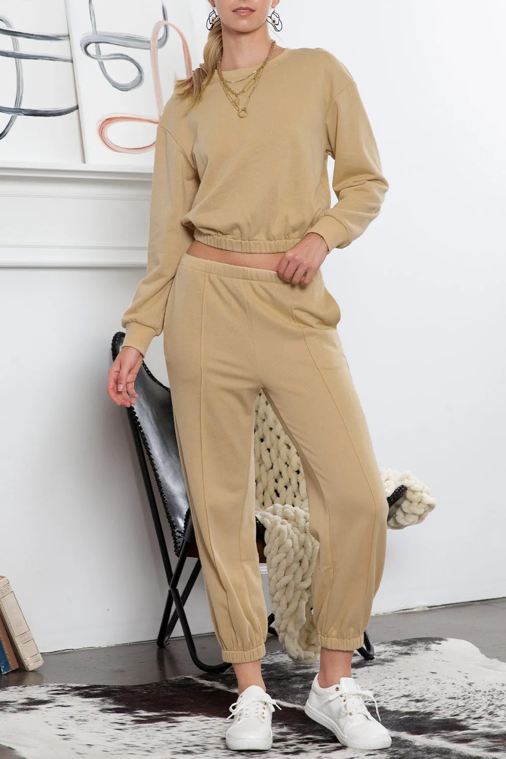 Khaki Solid Color Basic High Waisted Two Piece Jogger Set