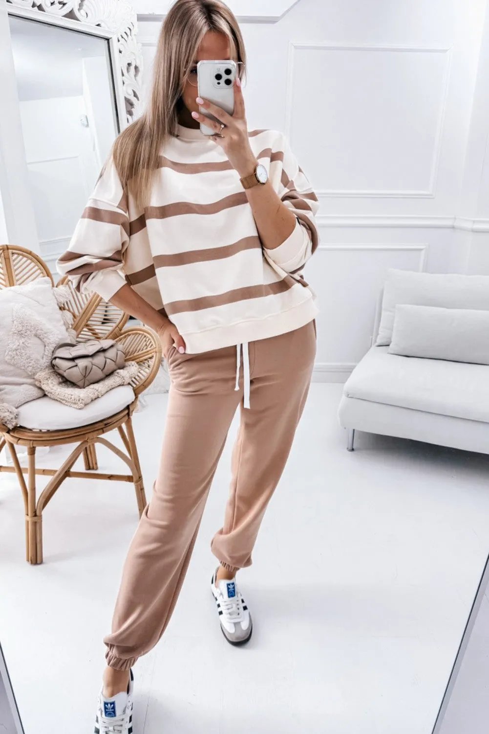 Light French Beige Striped Drop Shoulder Pullover and Joggers Set