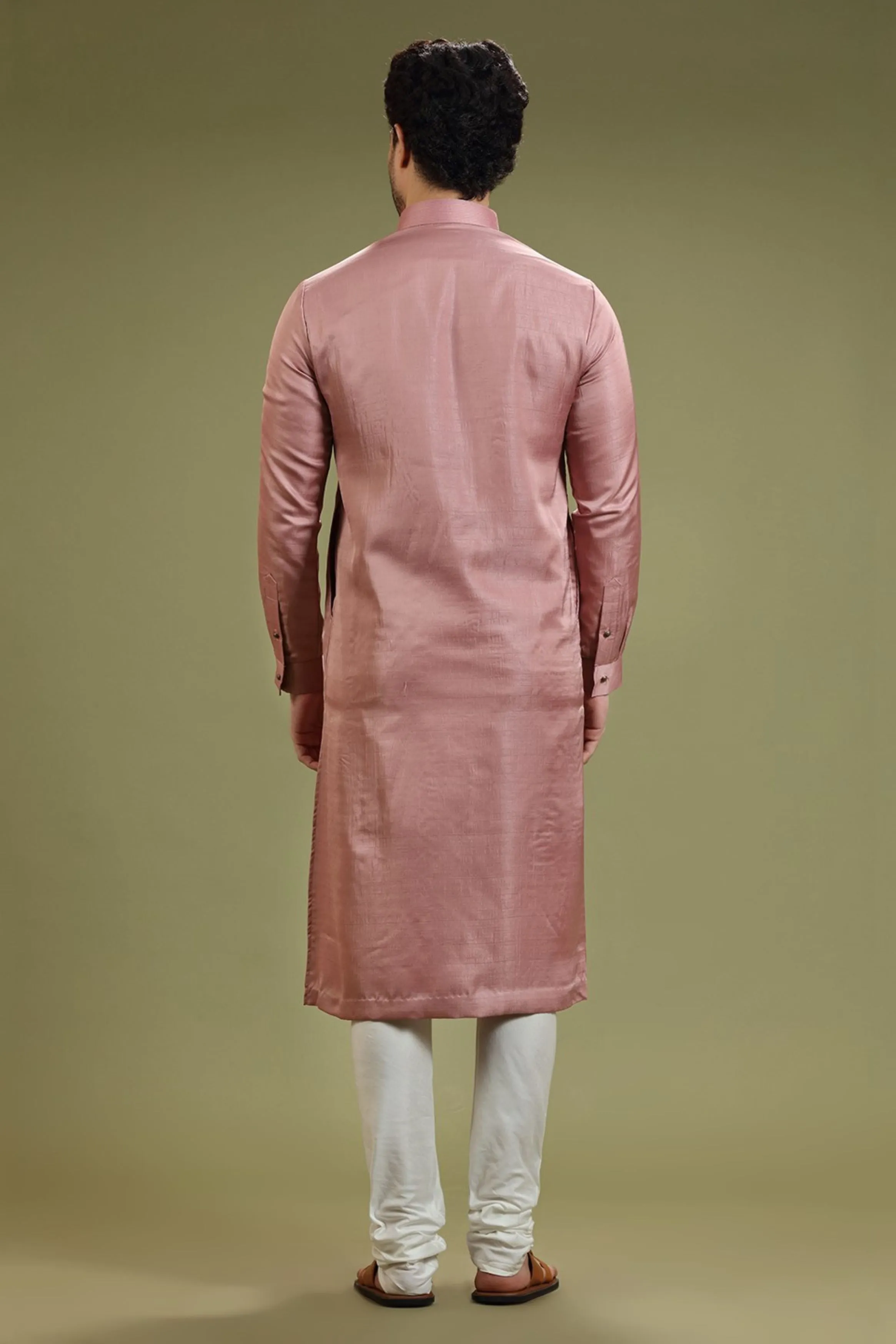 Light Mauve Solid Linen Kurta Set Designed by Kora (Nilesh Mitesh)