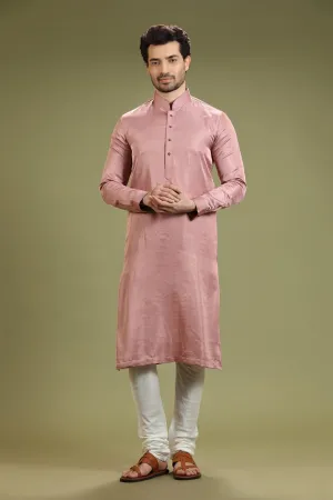 Light Mauve Solid Linen Kurta Set Designed by Kora (Nilesh Mitesh)