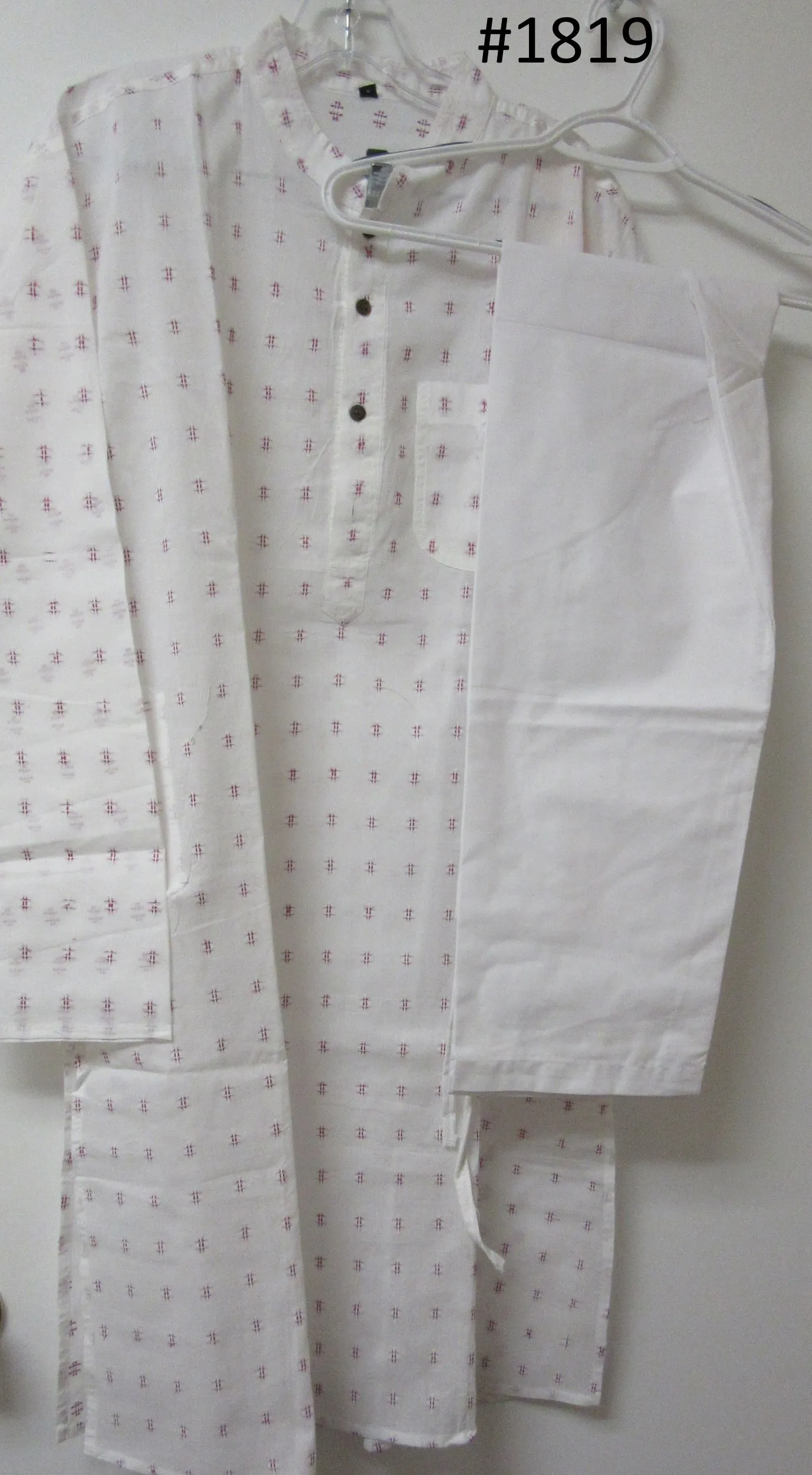 Men's 4581819 White Cotton Pink Checks Kurta Pajama Set Medium Size