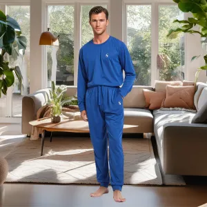 Men's Brushed Loungewear Set: Blue Jogger-Style Long-Sleeve Pyjamas.