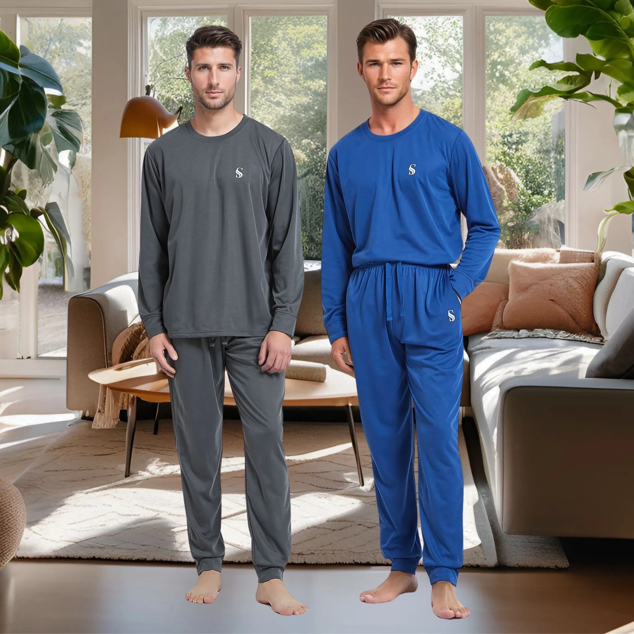 Men's Brushed Loungewear Set: Blue Jogger-Style Long-Sleeve Pyjamas.