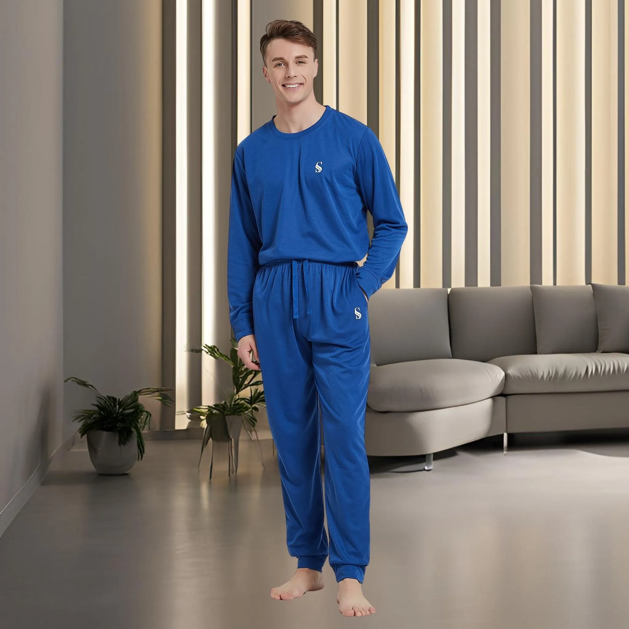 Men's Brushed Loungewear Set: Blue Jogger-Style Long-Sleeve Pyjamas.