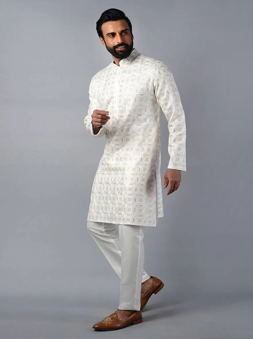 Off-White Embroidered Regular Fit Kurta Pajama | TULA