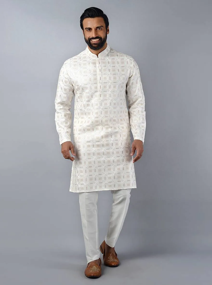 Off-White Embroidered Regular Fit Kurta Pajama | TULA