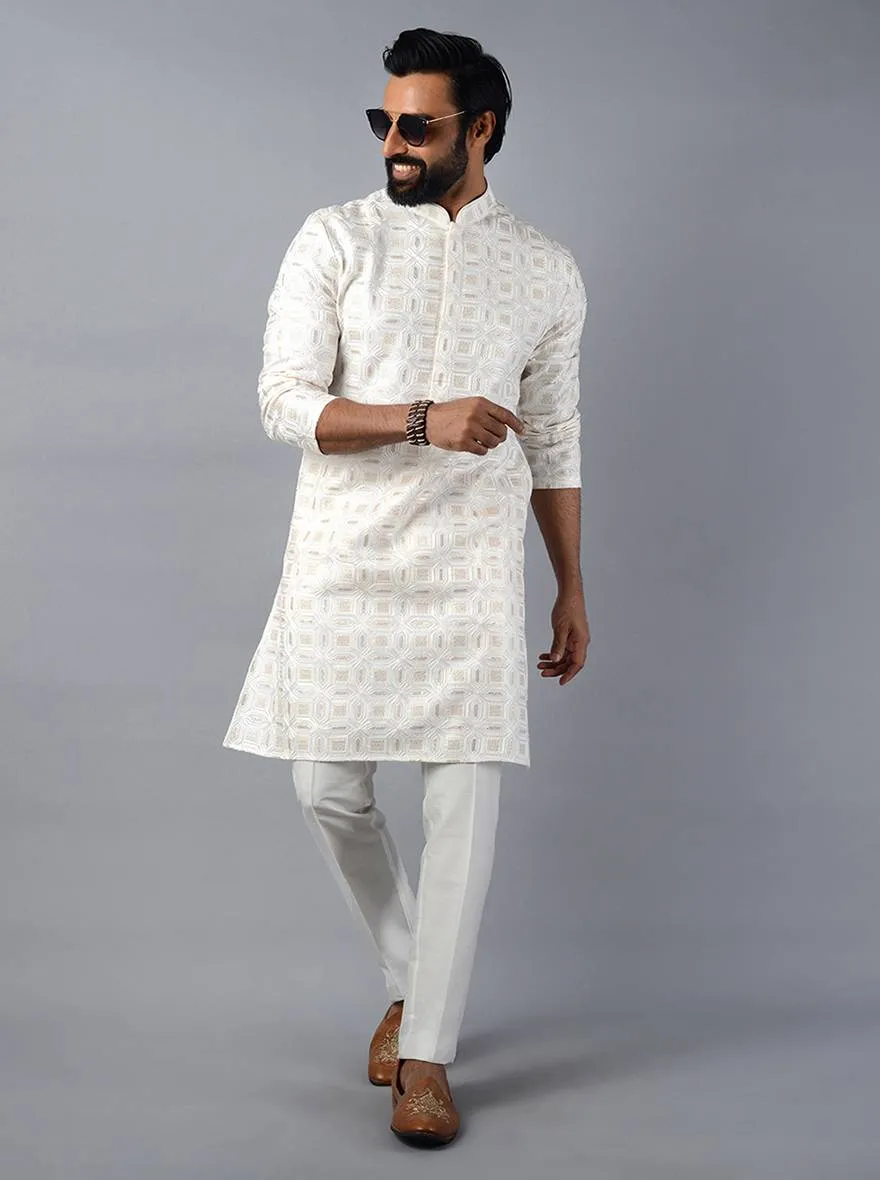 Off-White Embroidered Regular Fit Kurta Pajama | TULA