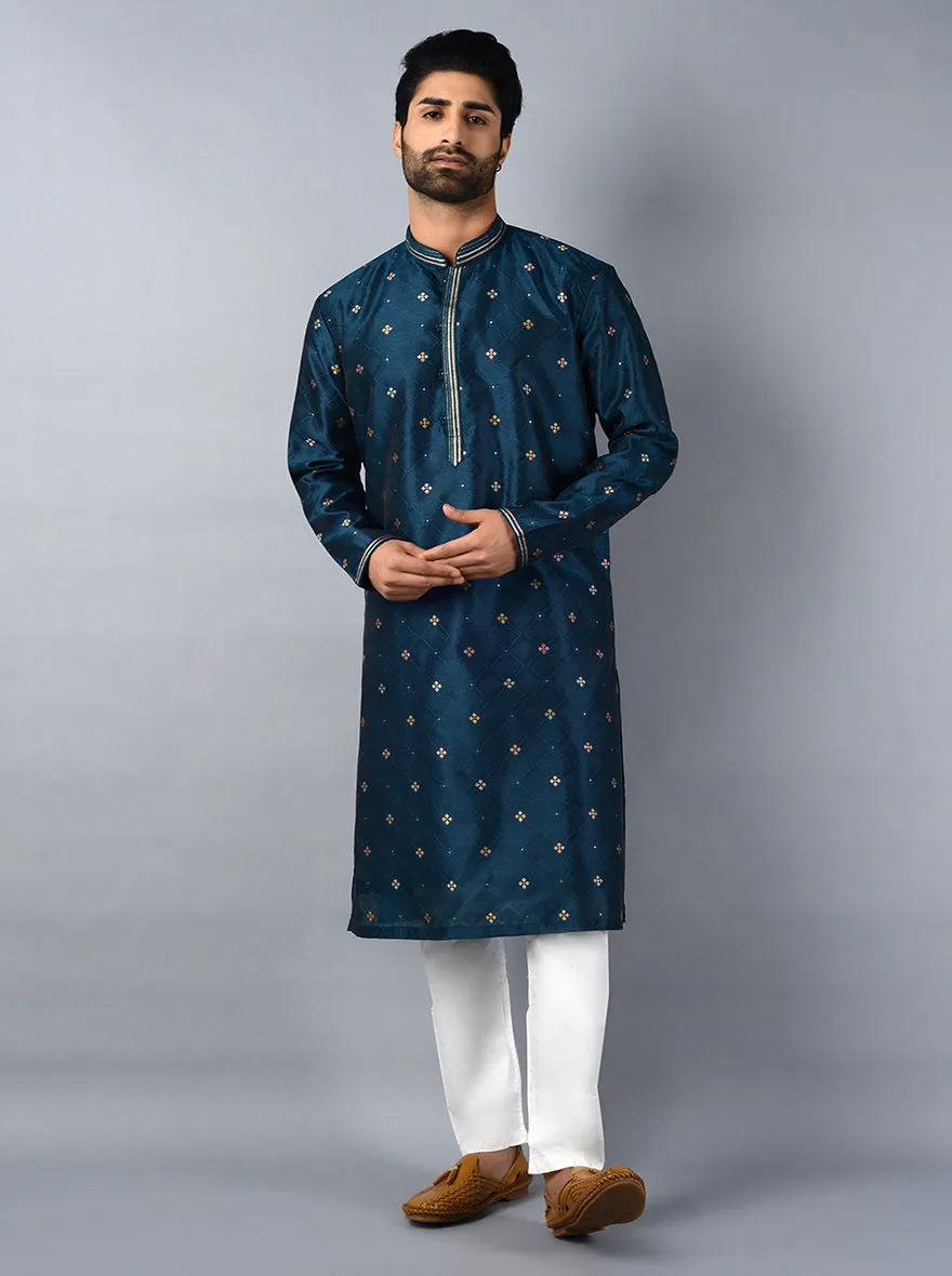 Peacock Blue Self Design Regular Fit Kurta Set | TULA