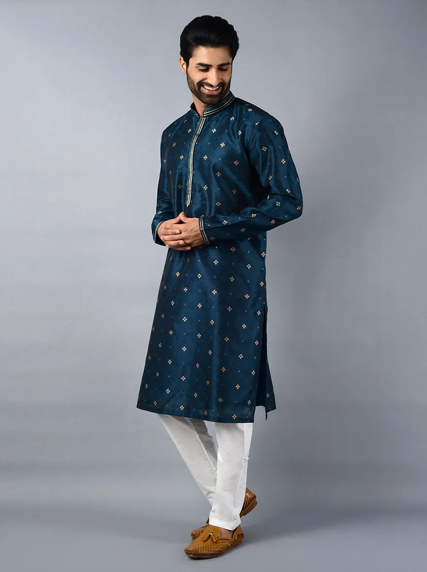 Peacock Blue Self Design Regular Fit Kurta Set | TULA