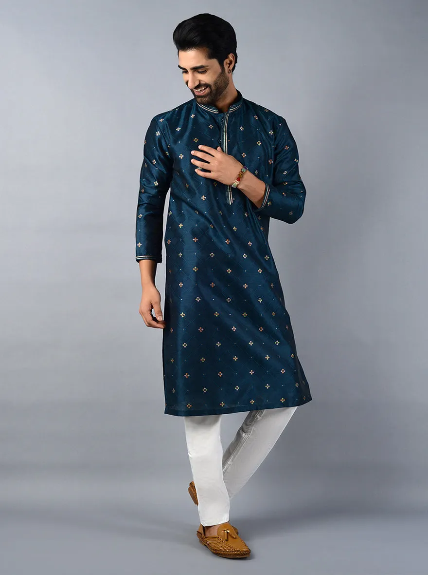 Peacock Blue Self Design Regular Fit Kurta Set | TULA