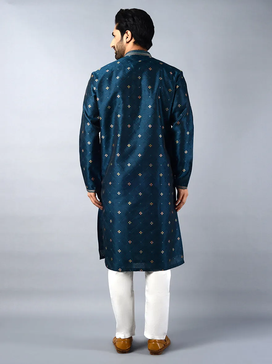 Peacock Blue Self Design Regular Fit Kurta Set | TULA