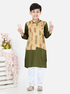 Printed Attached Jacket Cotton Kurta Pajama for Boys- Green