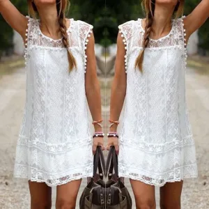 Sexy White Beach Dress Lace Summer Dress Women Short Dress O-Neck Casual Dresses Plus Size S-5XL