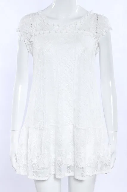 Sexy White Beach Dress Lace Summer Dress Women Short Dress O-Neck Casual Dresses Plus Size S-5XL