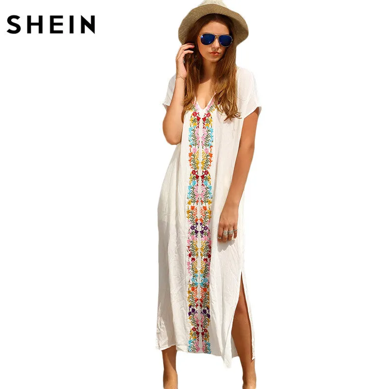 SHEIN Summer Beach Long Dresses for Women Boho White Embroidery V Neck Short Sleeve Placement Print Split Side Maxi Dress