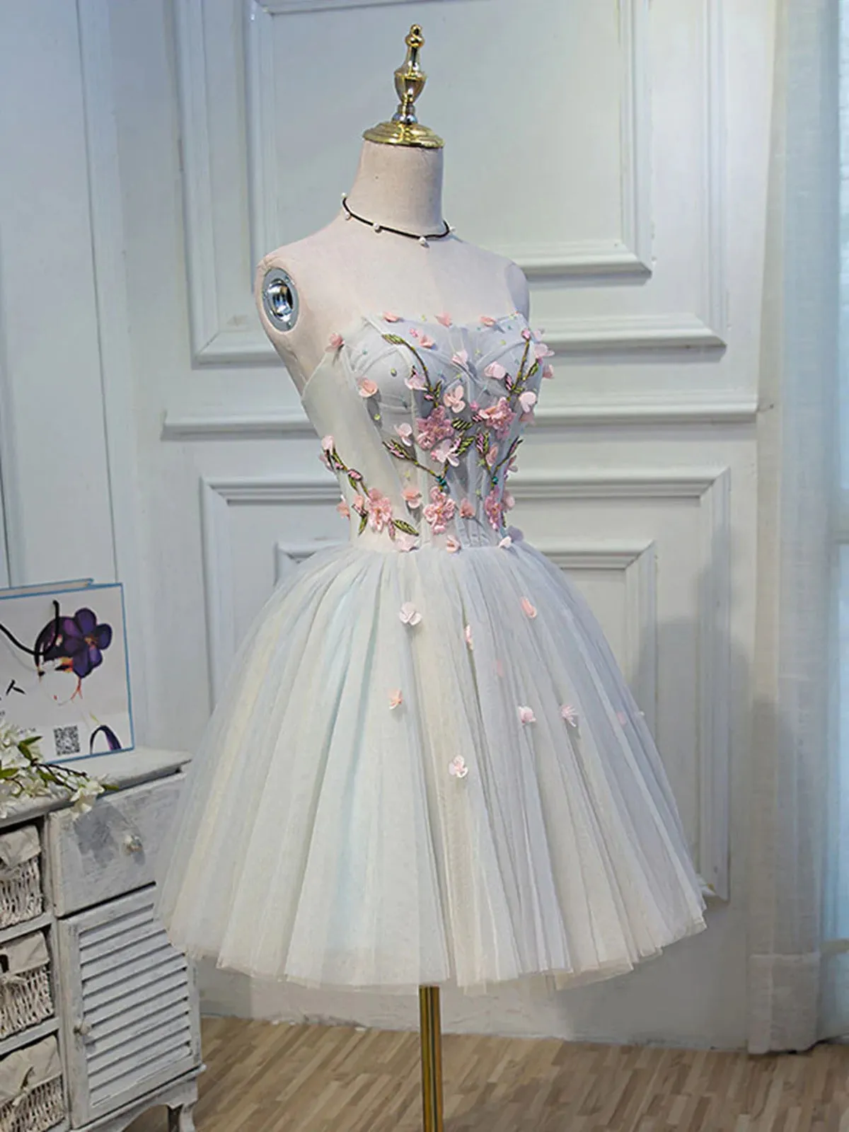 Short Floral Tulle Prom Dresses, Short Floral Tulle Formal Homecoming Dresses