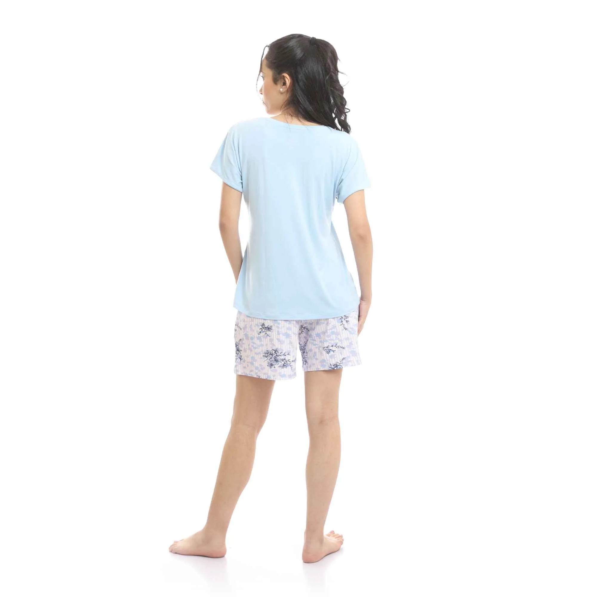 Short Sleeves Tee & Patterned Shorts Pajama Set - Baby Blue & Rose