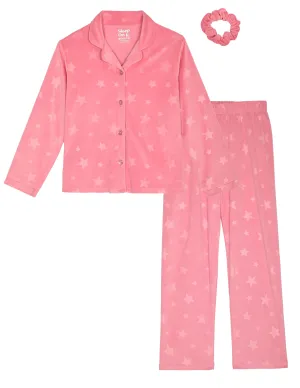 Sleep On It Girls 2-Piece Button-Front Coat Pajama Set with Scrunchie - Velour Stars